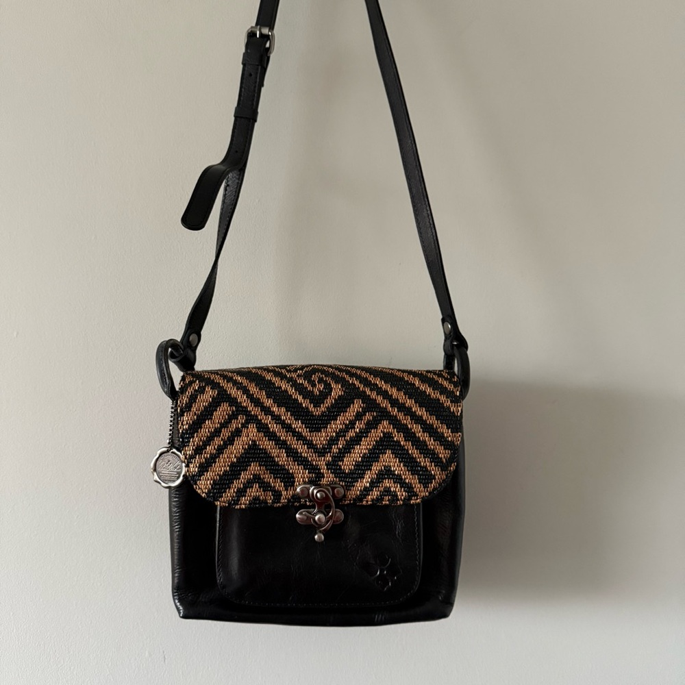 Patricia Nash Leandra Flap Black Leather Woven 10th Anniversary‎ Crossbody Purse